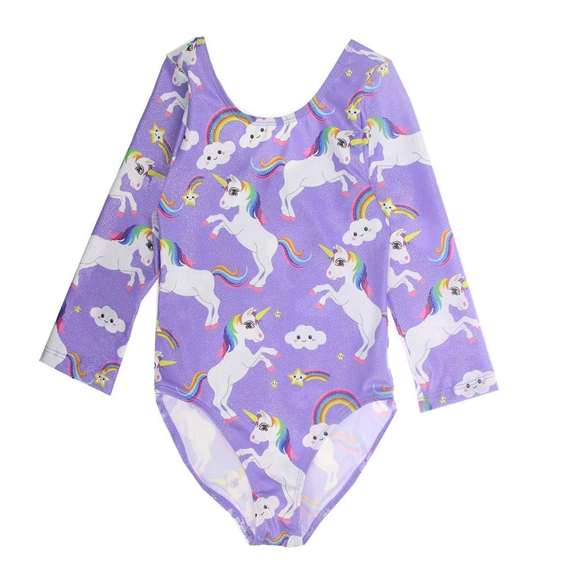 TENVDA Gymnastics Leotards for Girls 6-7 Years Old Purple Sparkly Unicorn Print Kids Long Sleeve Tumbling Outfit Bodysuits - Image 3